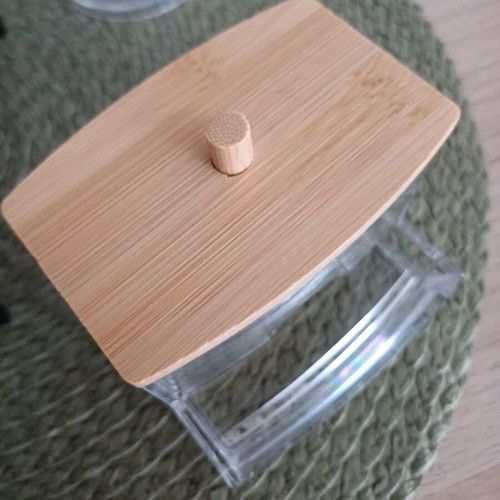 Set of containers for makeup remover pads and cotton swabs like new, acrylic and bamboo