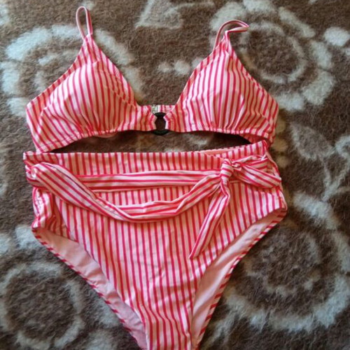 Striped swimsuit with belt and chest ring, new, size XXXL
