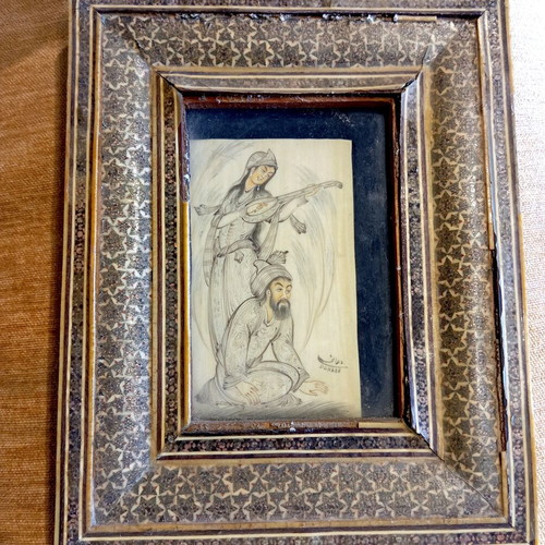 Persian Handmade Artwork on Camel Bone in Wooden Frame used