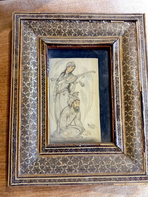 Persian Handmade Artwork on Camel Bone in Wooden Frame used
