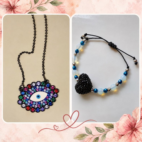 Evil Eye Necklace and Heart Bracelet Jewelry Set