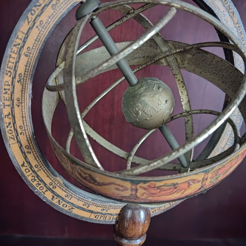 Italian wooden globe used with zodiac and astrolabe