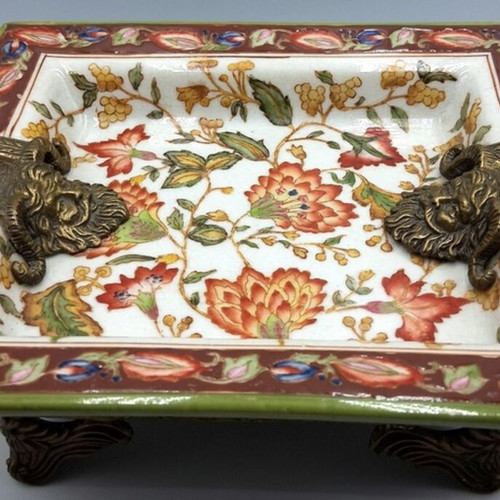 Wong Lee Porcelain Ashtray with Crackle and Bronze Details like new