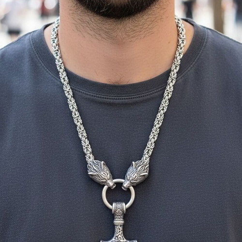 Viking Thor's Hammer Necklace Mjölnir with Wolf Heads new, silver
