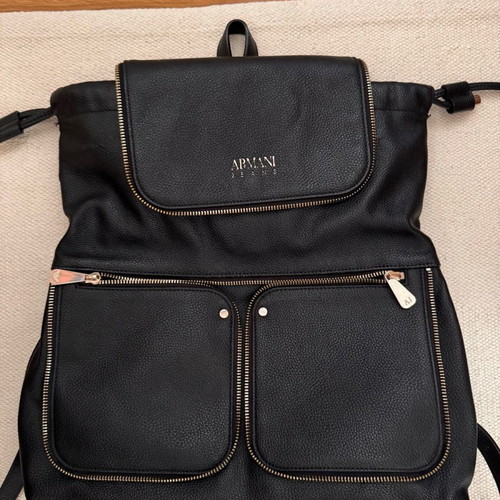 Armani Jeans leather backpack used, black with gold details