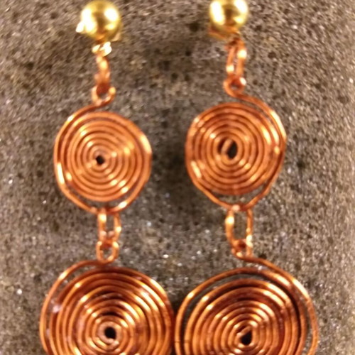 Copper earrings with spirals refurbished, handmade, stud