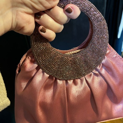 Vintage satin evening handbag new pink salmon with beads