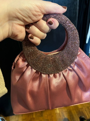 Vintage satin evening handbag new pink salmon with beads