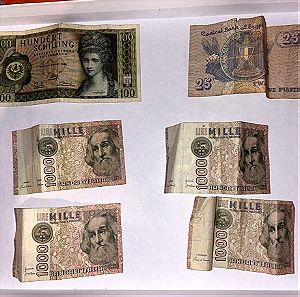 Χαρτονομίσματα από Ιταλία , Αίγυπτο & Αυστρία 6 τεμάχια - schilling , piastres , lire mille