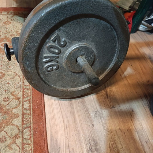 Weight bench with bar and weights used, iron