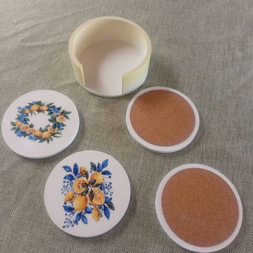 Porcelain coaster set with lemon design, new, cork base