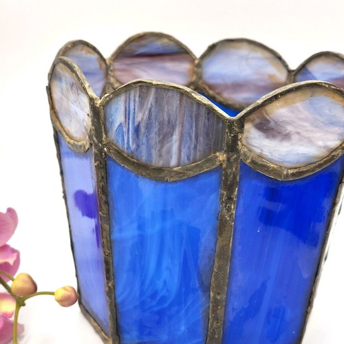 Vintage Dutch decorative candle holder used, blue Tiffany-style glass
