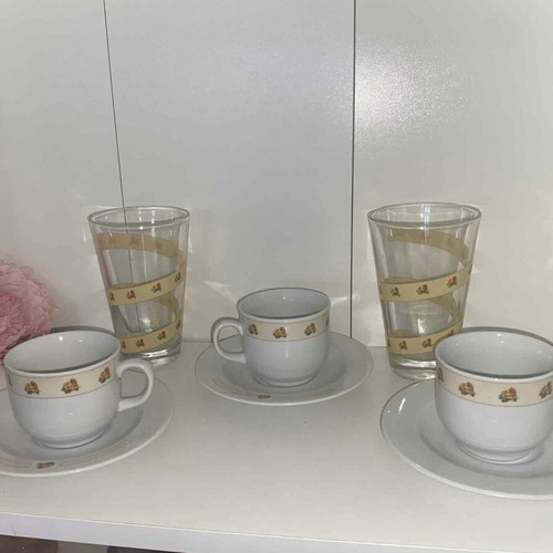 Bravo collectible porcelain cups with saucers and glass tumblers set