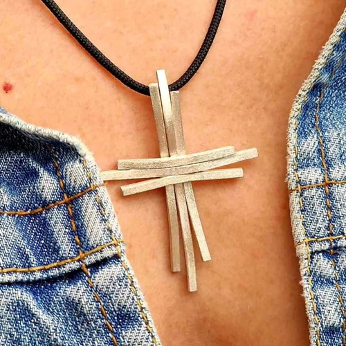 Silver Handmade Cross Pendant with Black Cord, New