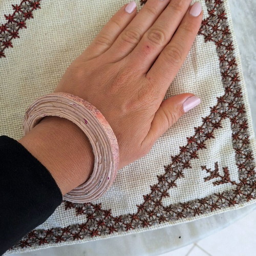 Pink open bangle bracelet made of paper new, handmade