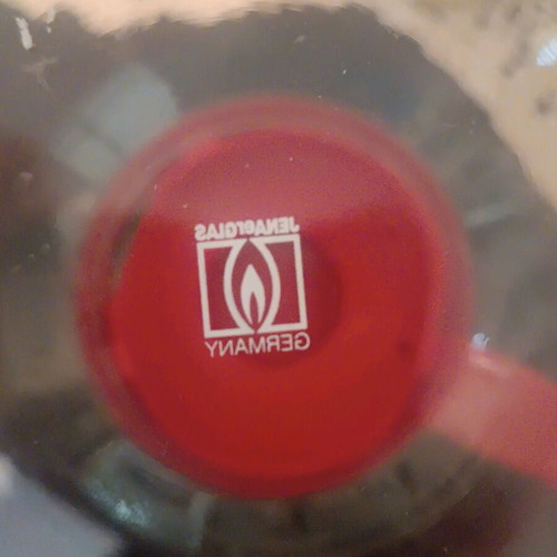 German glass heat-resistant jug used 1L with red handle