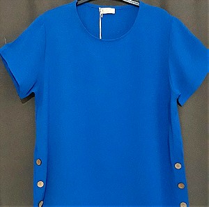 Plus Size Γυναικεία Μπλούζα με κουμπιά κοντομάνικο(Μλπέ και λευκό 2 τεμάχια)