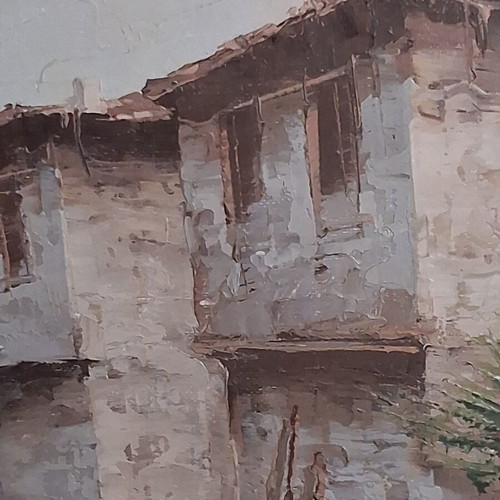 Oil Painting Dimas Traditional Greek Village framed, like new