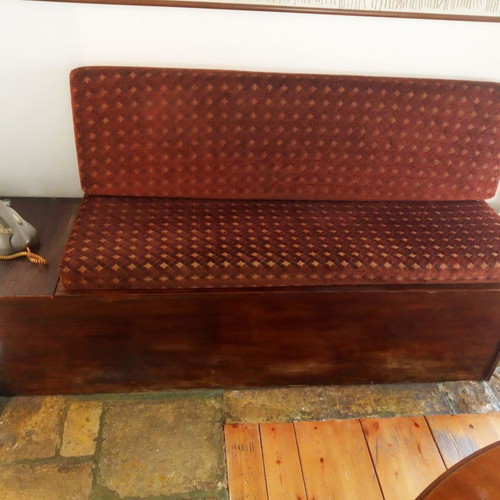 Wooden storage bench with cushions in excellent condition