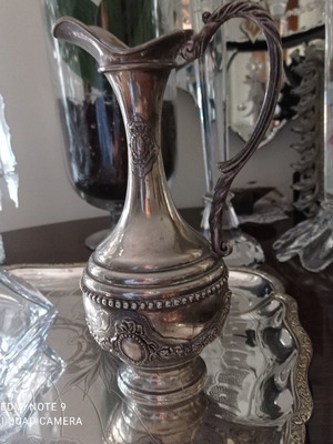 Βάζο-Κανάτα vintage κασσίτερος με ασήμι μεταχειρισμένο, χειροποίητες παραστάσεις