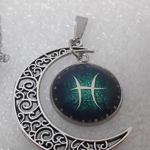 Crescent Moon Pendant with Pisces Zodiac like new