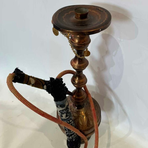 Vintage traditional brass hookah with embossed oriental motifs 51x16
