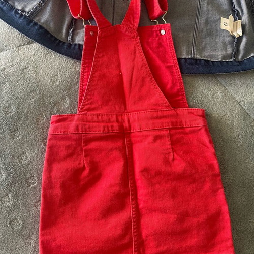 Children's clothing set like new, coral dress and embroidered denim jacket