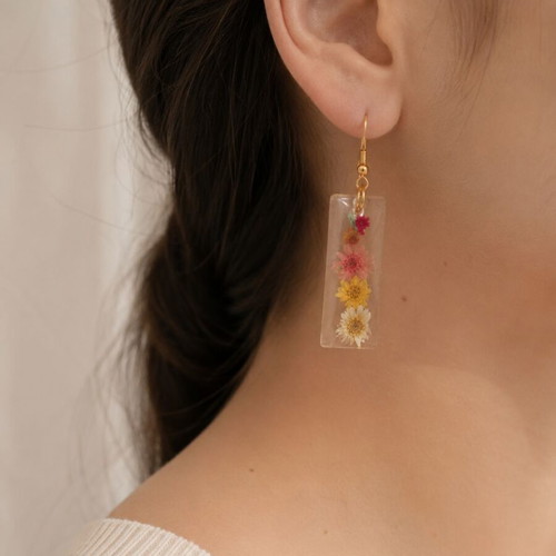 Resin Earrings Handmade with Real Pressed Flowers, Colorful