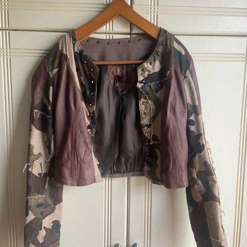 Short jacket used, tan leatherette with camouflage patches