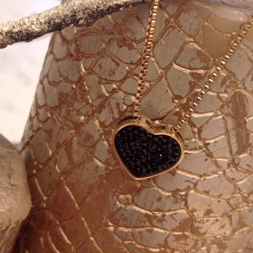 Stainless Steel Heart Necklace with Black Strass, new