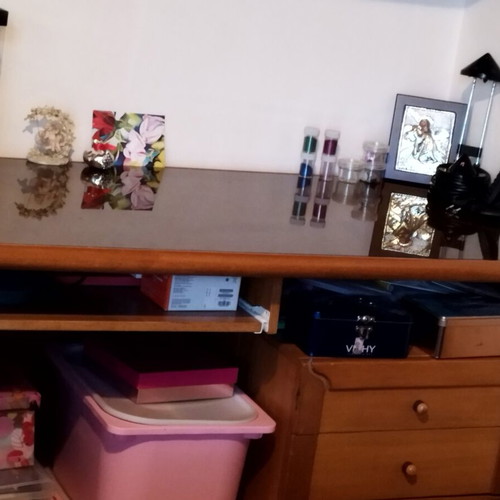 Wooden desk with glass and three drawers and bookshelf set like new