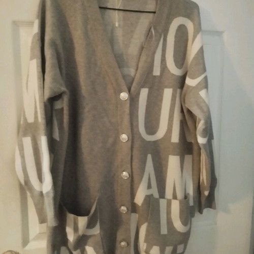 Long grey cardigan with letters, one size