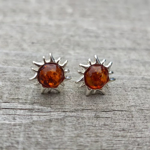 Silver Earrings with Baltic Amber Sun Design new