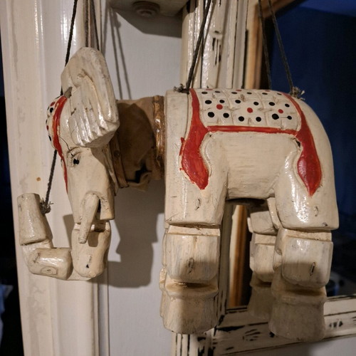 Wooden elephant marionette vintage ethnic handmade, used