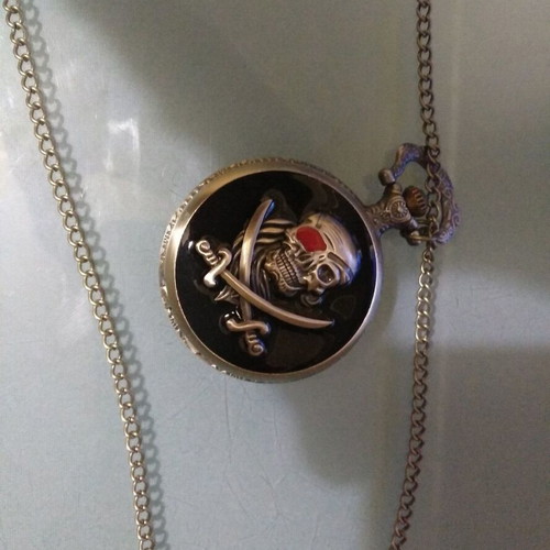Vintage Black Pirate Skull Quartz Pocket Watch with Chain