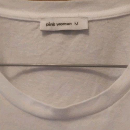 Pink Woman white t-shirt used with ruffles and embroidery, size L