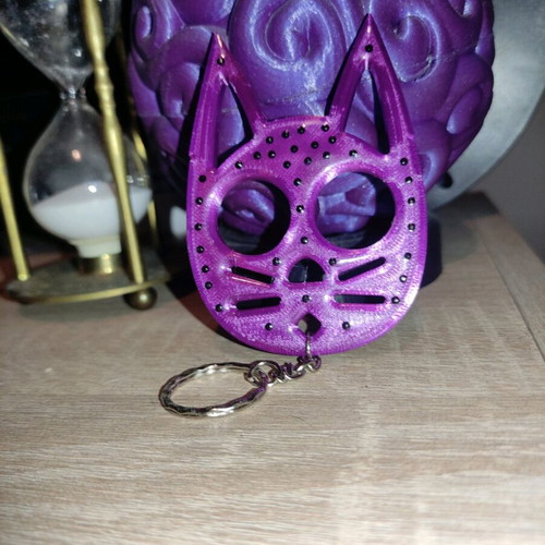 Handmade 3D Printed Cat Keychain with Rhinestones and Resin Coating like New, Purple