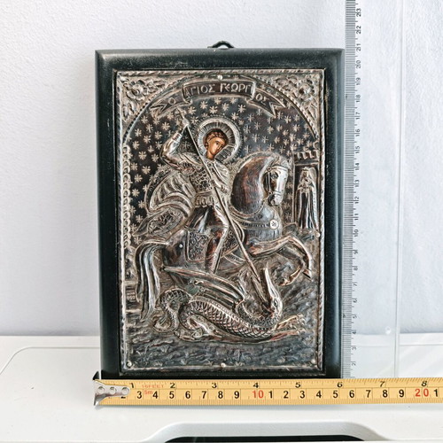 Silver icon Saint George like new, 950 silver with certificate