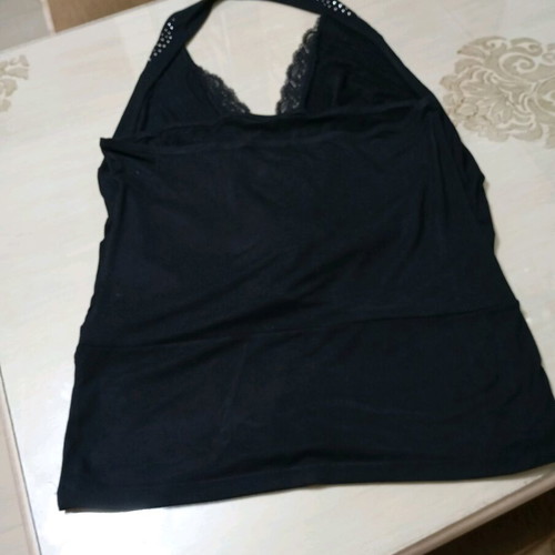 Caramella black elastic halter top with lace and rhinestones like new
