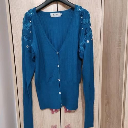 Turquoise cardigan with ribbon and crystals vintage style like new