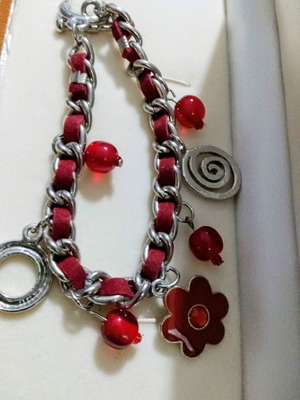 Silver bracelet with red charms and braided red strap, new