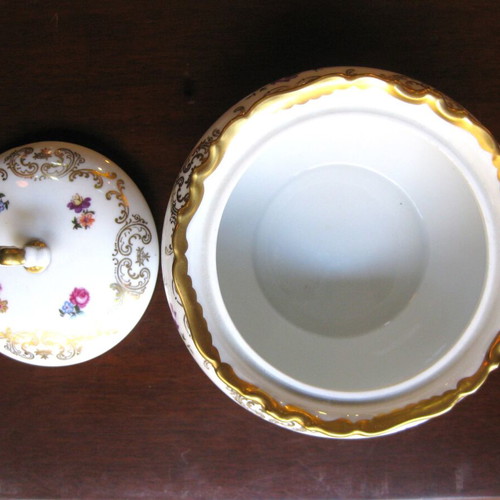 Porcelain fondue pot used, old German with decoration
