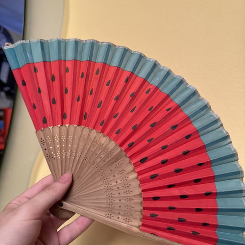 Handmade watermelon folding fan used with wooden frame and fabric