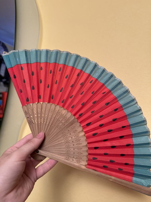 Handmade watermelon folding fan used with wooden frame and fabric