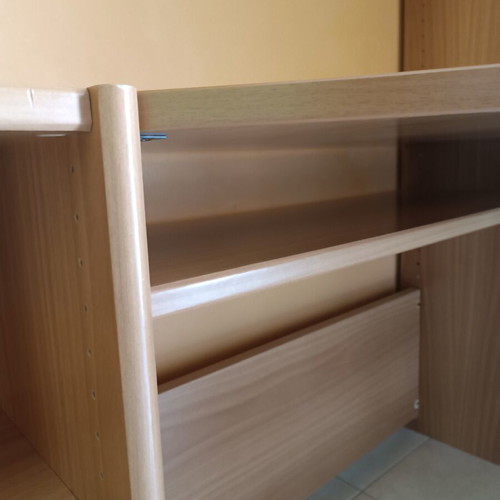 Corner desk with bookshelf and shelves like new, wood with green details
