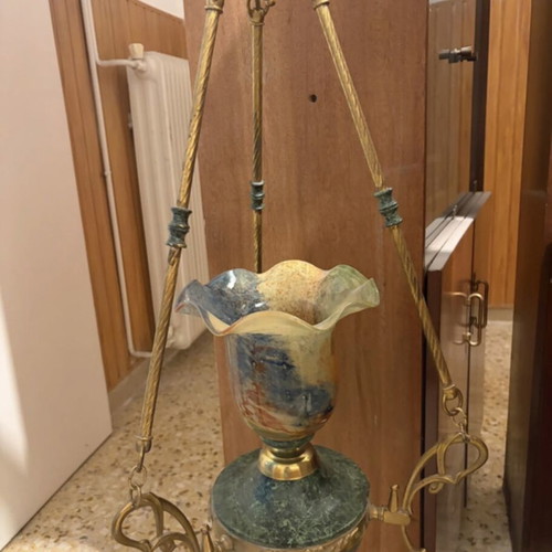 Vintage ceiling light used, brass with art glass shade