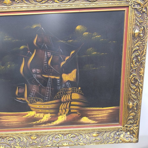 Painting with golden sailing ships under full moon, like new