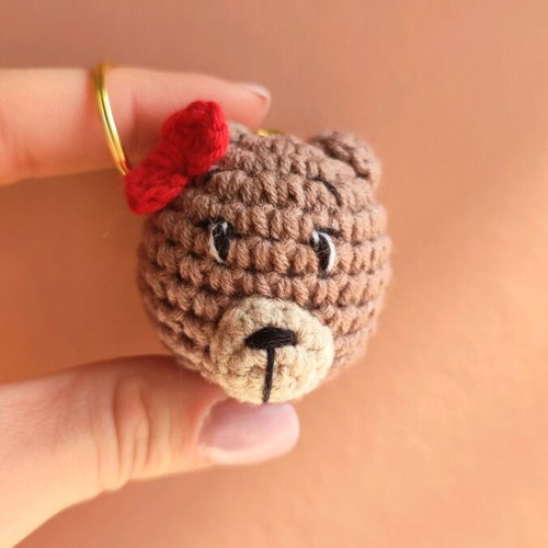Knitted bear keychain new with red bow brown