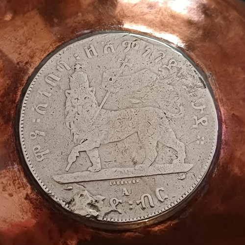 Vintage copper bowls set of 2 with silver 1 Birr coins Ethiopia Menelik II