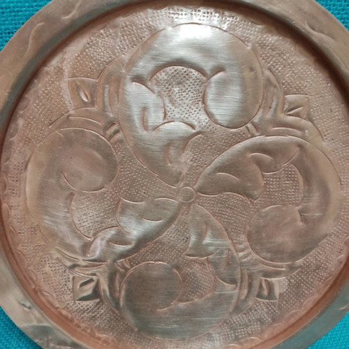 Copper tray with handles used, diameter 23 cm